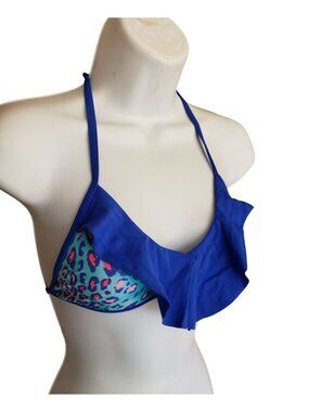 Orageous Girls Bikini Top 10 Blue Ruffle Leopard Print Halter Tie Closure Swimwe